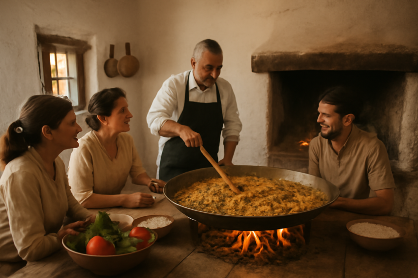 Peserta kursus memasak paella di dapur desa Andalusia dengan paellera lebar di atas tungku kayu