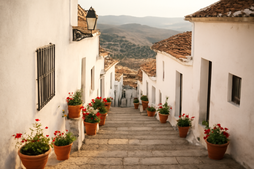 Jalan desa putih di pedesaan Andalusia dengan pot bunga dan perbukitan zaitun di latar belakang