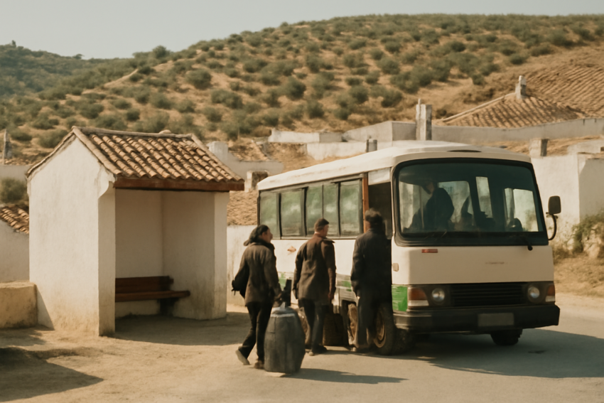 Bus antarkota berhenti di halte desa berbangunan putih di pedesaan Andalusia