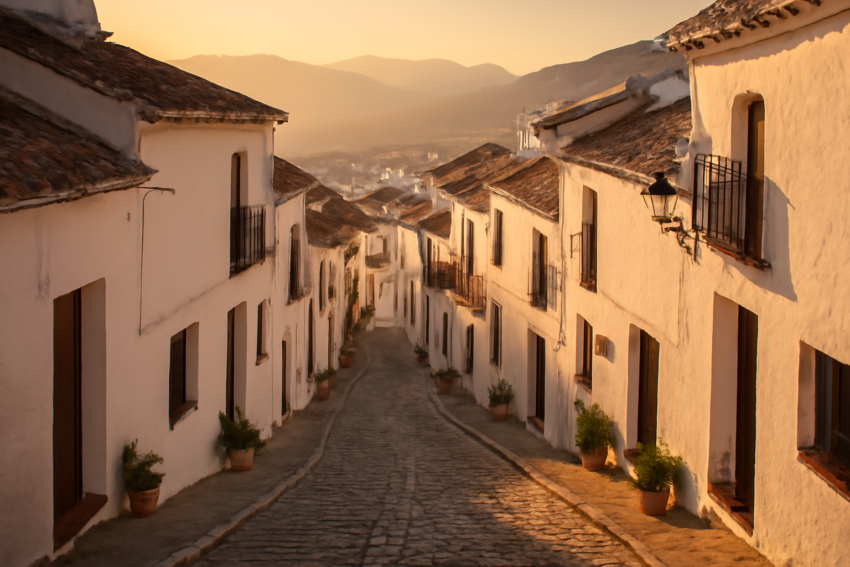 Jalan menanjak di desa putih Andalusia dengan rumah bercat kapur dan atap terakota