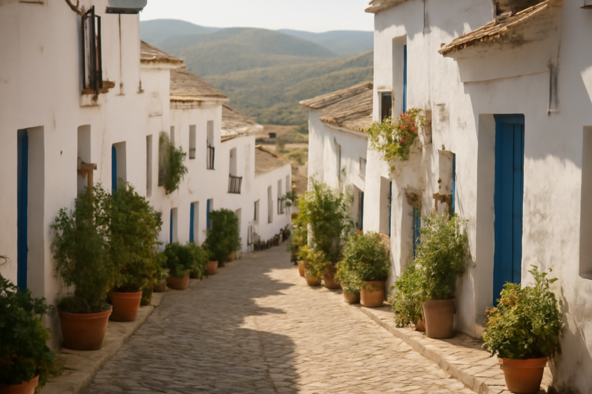 Jalan sempit berbatu di desa bercat putih Andalusia dengan pot bunga dan atap terakota